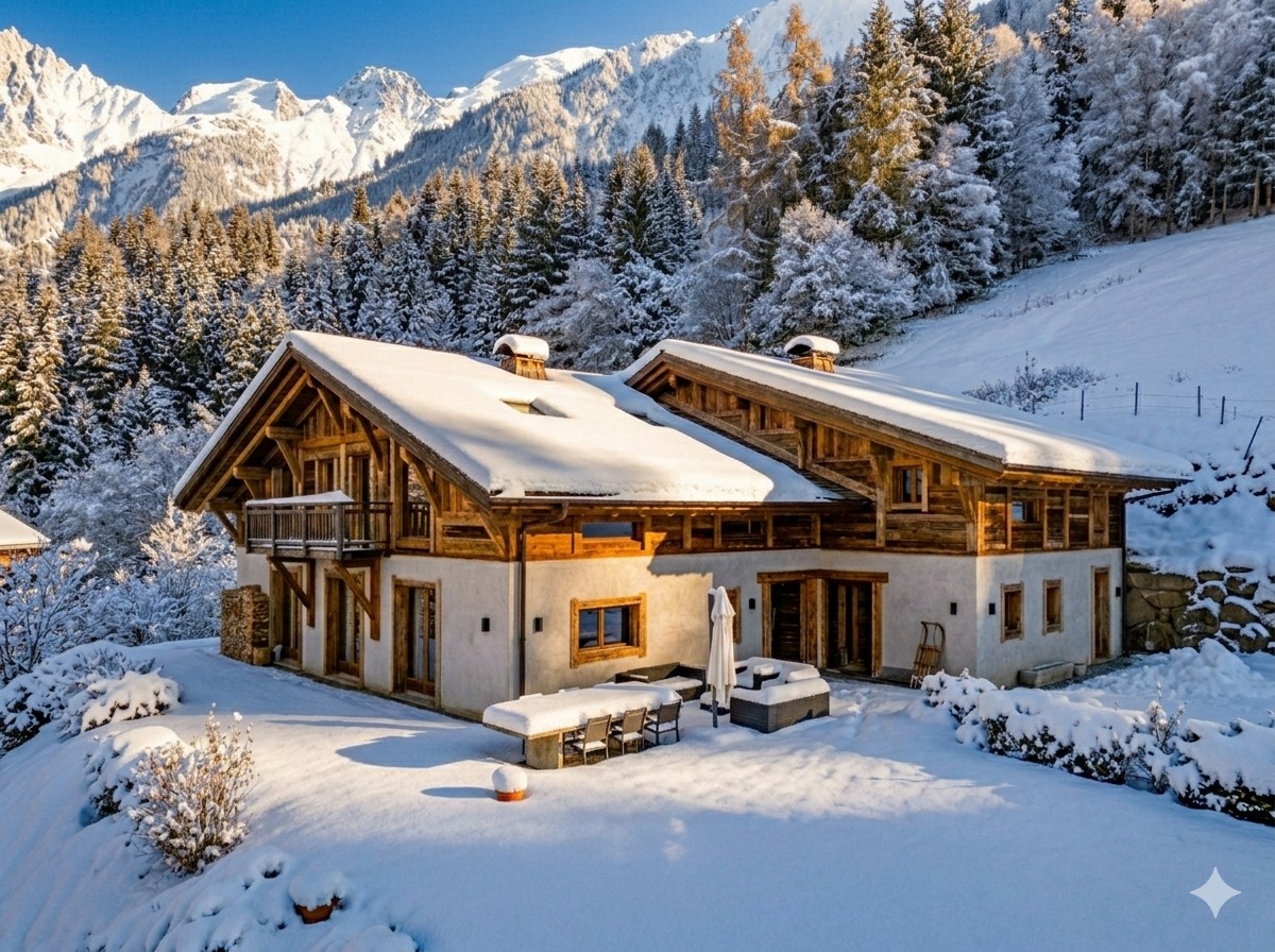 Chalet Sommets in winter snow above the Chamonix valley